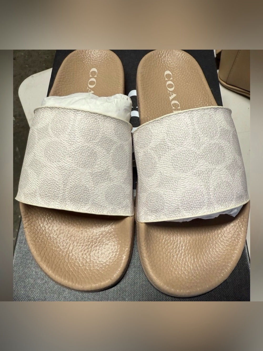 COACH Women's Tan and Cream Slide Sandals